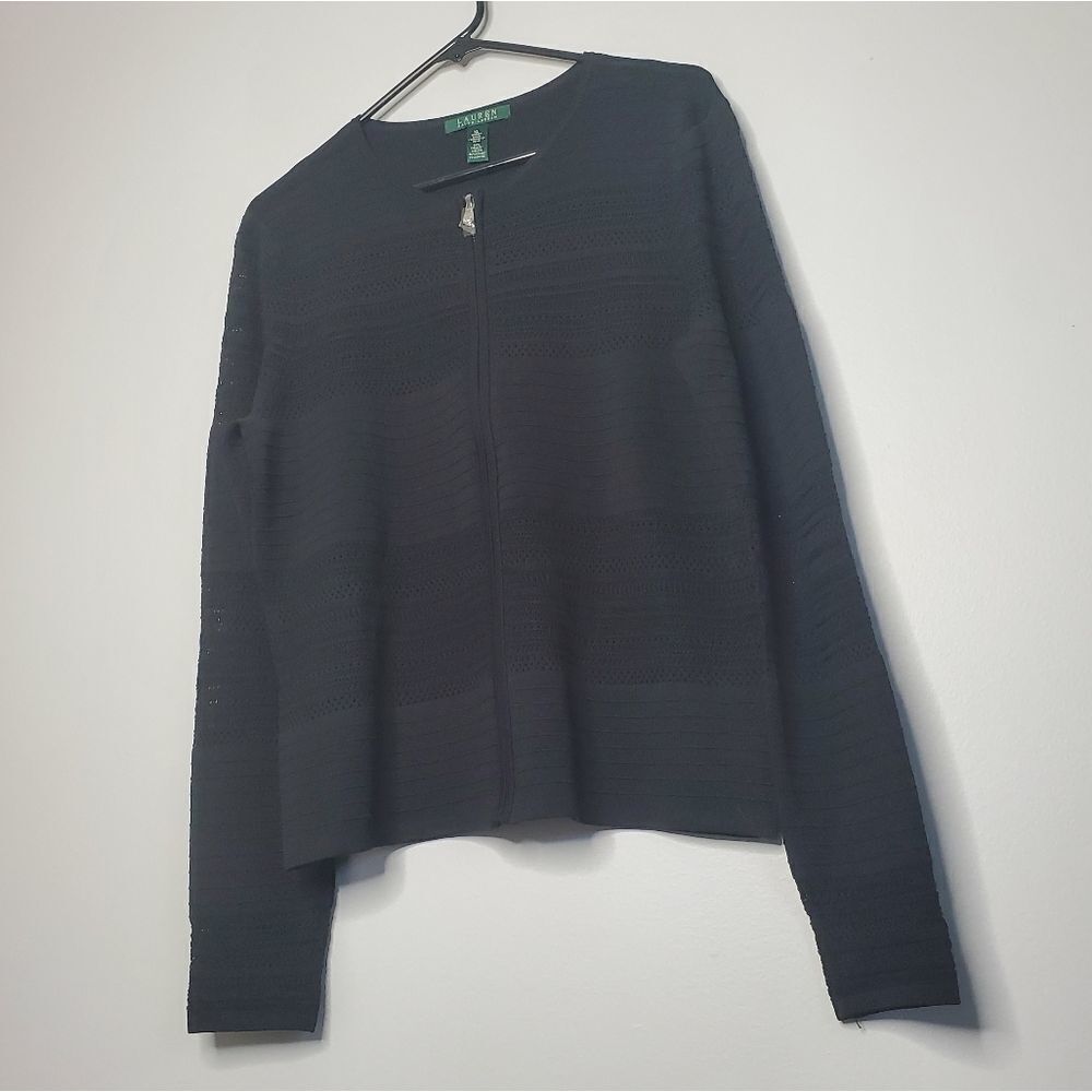 Lauren Ralph Lauren XL Cardigan Black Zip Up Striped Knit